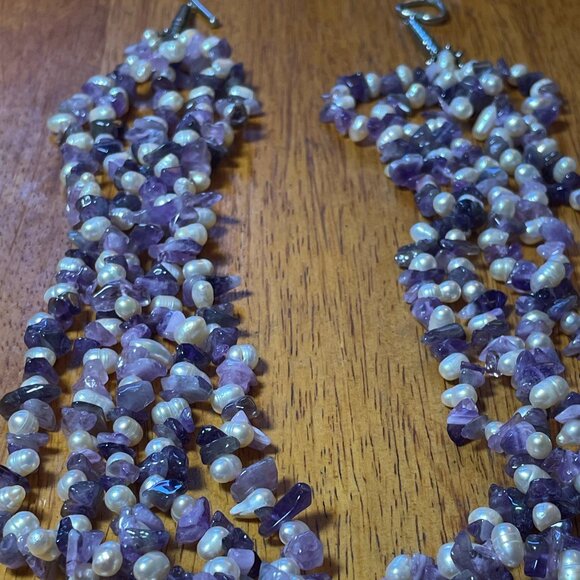 Handmade Multi-Strand Amethyst & Freshwater Pearl Statement Necklace - Picture 3 of 9